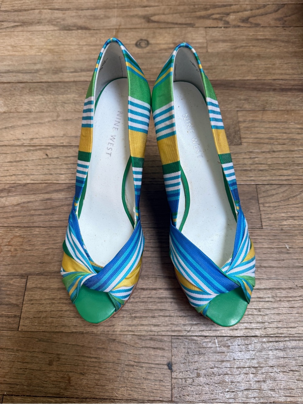 Brand New Nine West Green Blue Yellow Striped Peep-Toe Pumps